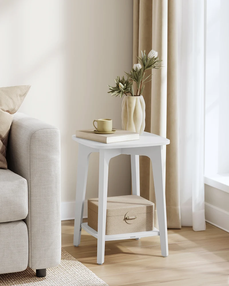 LEDREM Square End Table with Lower Shelf, Modern 2-Tier Side Table for Small Spaces, 15.7 Inch Nightstand, Cloud White