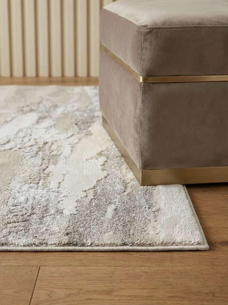 Teppich Polyester flachflor abstrakt hochglanz Silber/Cremeweiß