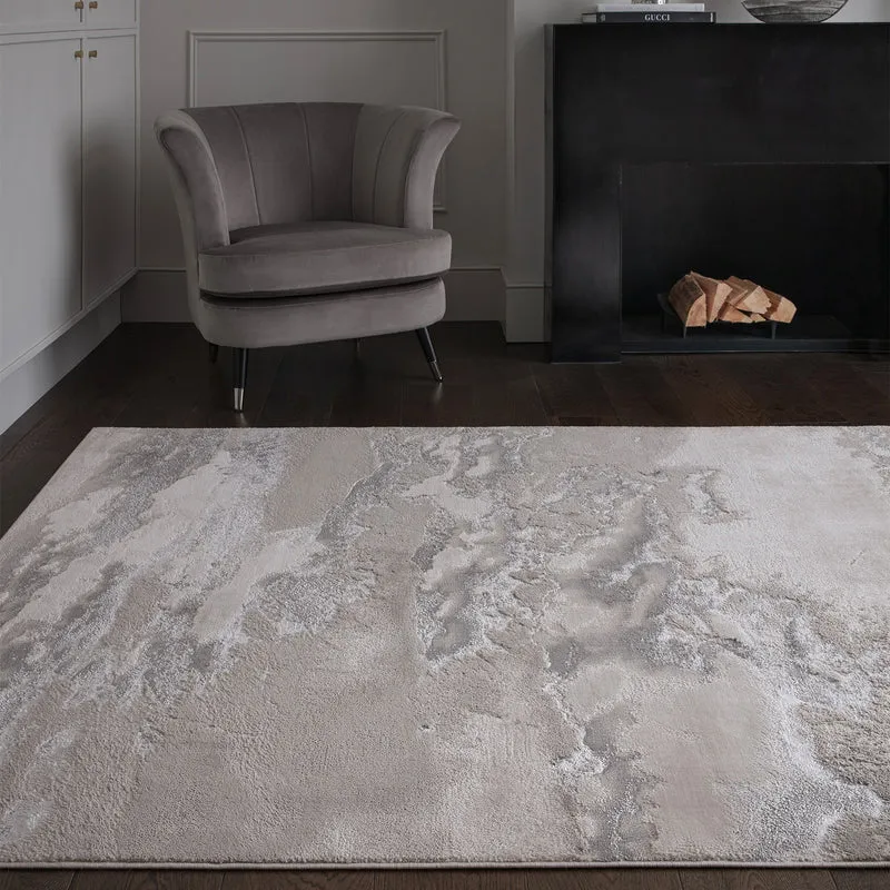 Teppich Polyester flachflor abstrakt hochglanz Silber/Cremeweiß