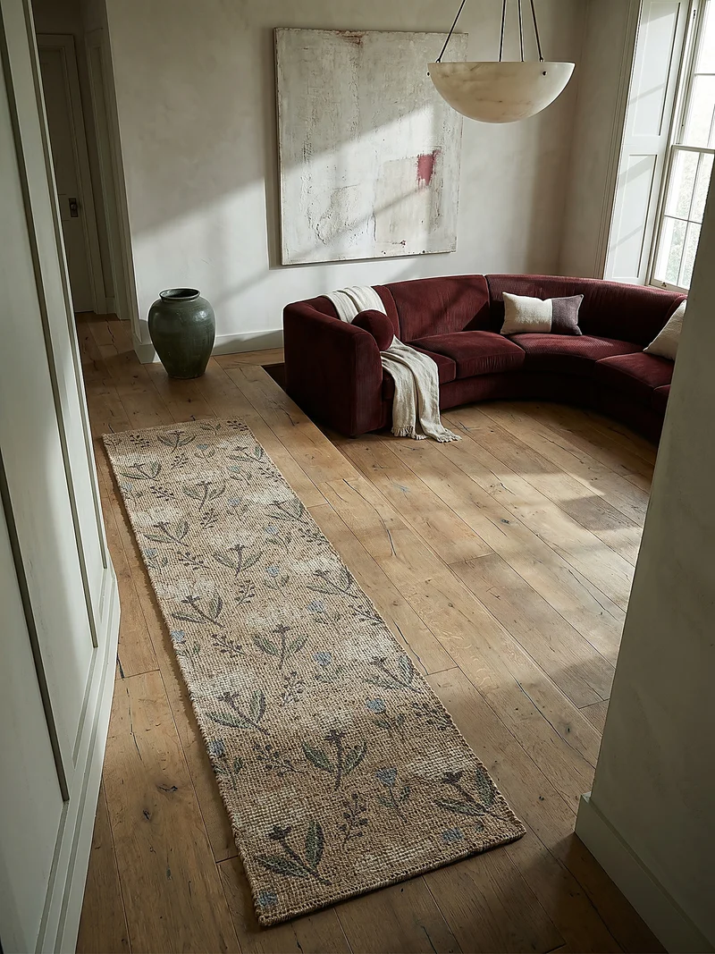 Jute-Teppich florales Naturmotiv · 67 % Jute · handgewebt