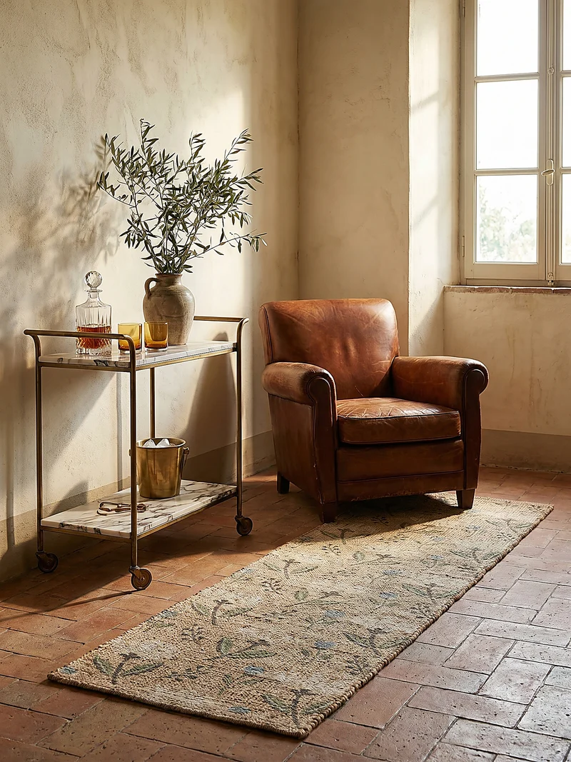 Jute-Teppich florales Naturmotiv · 67 % Jute · handgewebt