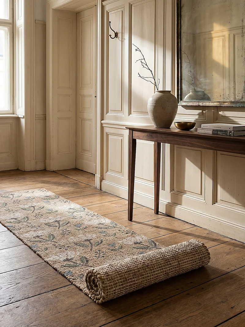 Jute-Teppich florales Naturmotiv · 67 % Jute · handgewebt