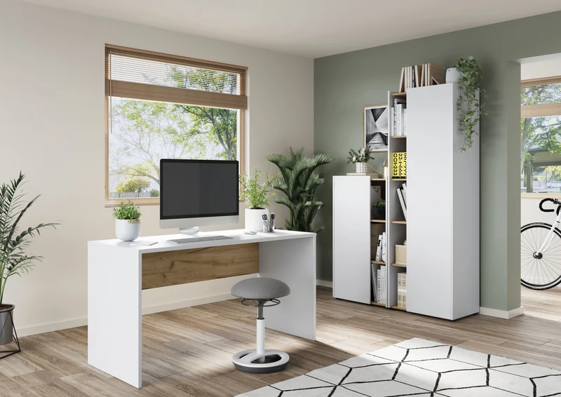 Schreibtisch – Beige/Weiß, 140x60x75 cm, Wangenschreibtisch mit Knieblende, stoßfest