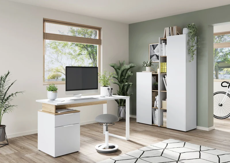 Schreibtisch – Weiß/Beige, 140x61x74 cm, mit Container, stoßfest, Metallkufen