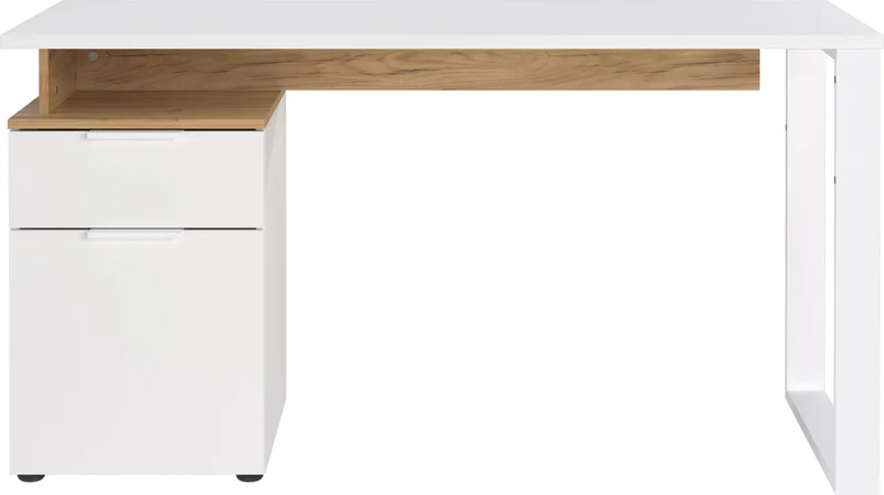 Schreibtisch – Weiß/Beige, 140x61x74 cm, mit Container, stoßfest, Metallkufen