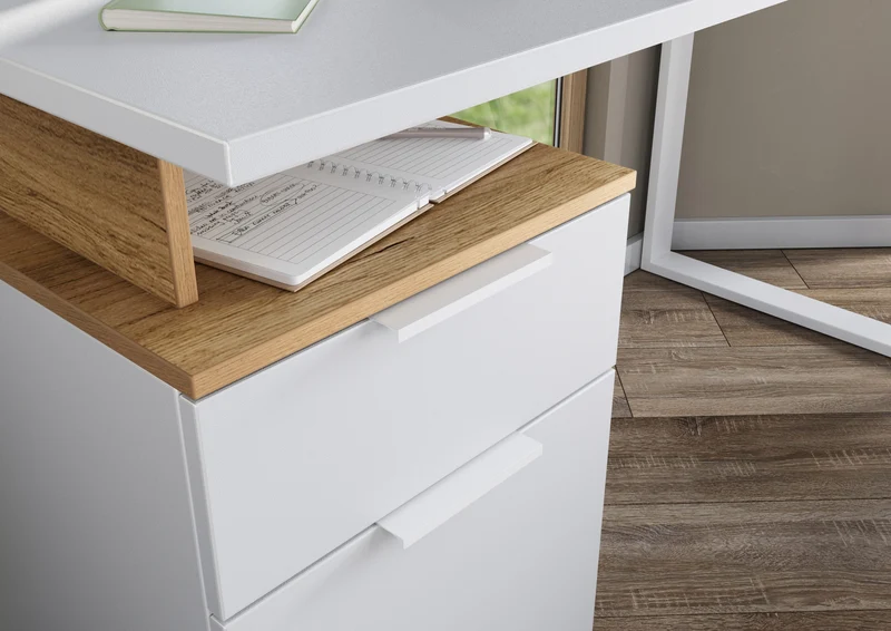 Schreibtisch – Weiß/Beige, 140x61x74 cm, mit Container, stoßfest, Metallkufen
