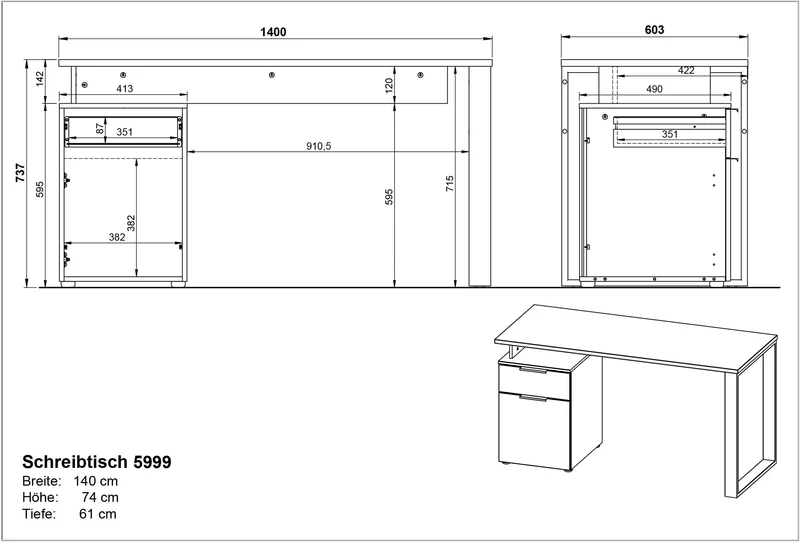 Schreibtisch – Weiß/Beige, 140x61x74 cm, mit Container, stoßfest, Metallkufen