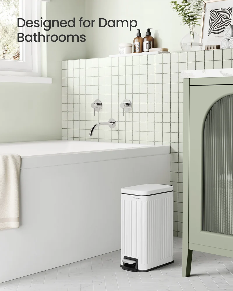 Designer Fluted Bathroom Trash Can - 1.6-Gallon Stainless Steel Bin with Soft-Close Lid & Pedal, Slim Space-Saving, Matte White