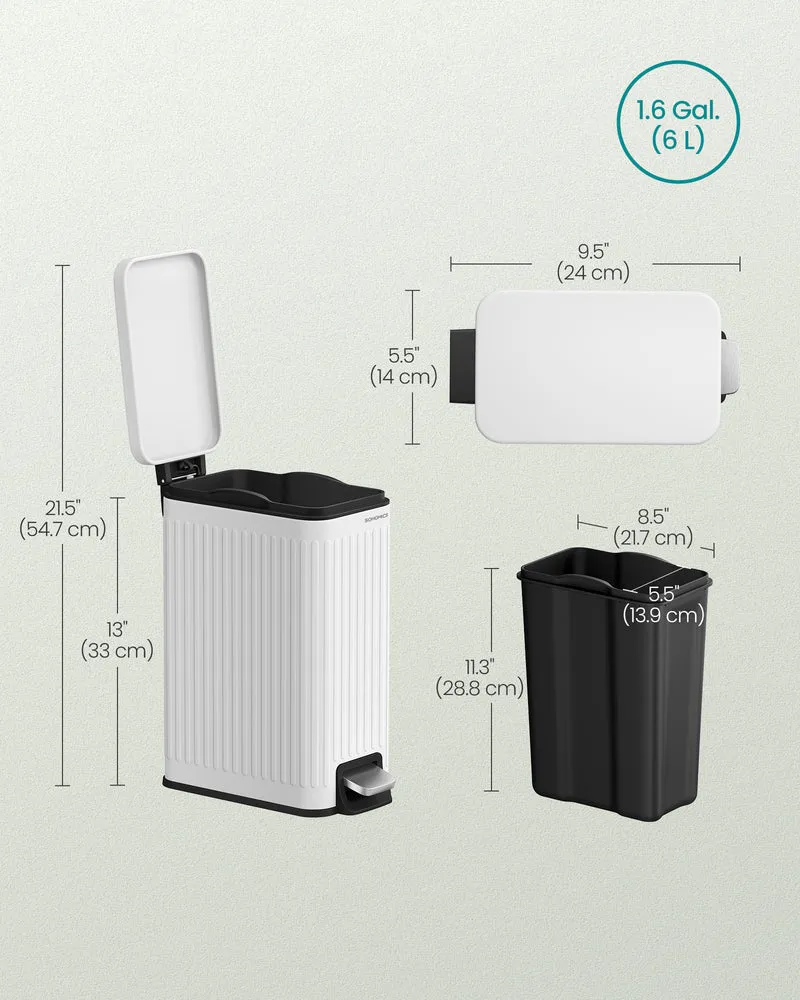 Designer Fluted Bathroom Trash Can - 1.6-Gallon Stainless Steel Bin with Soft-Close Lid & Pedal, Slim Space-Saving, Matte White