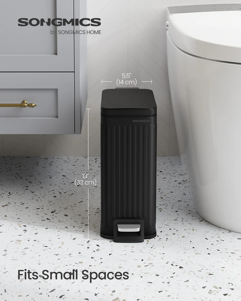 1.6-Gallon Bathroom Trash Can - Slim Stainless Steel Bin with Soft-Close Lid & Foot Pedal, Space-Saving Design, Ink Black