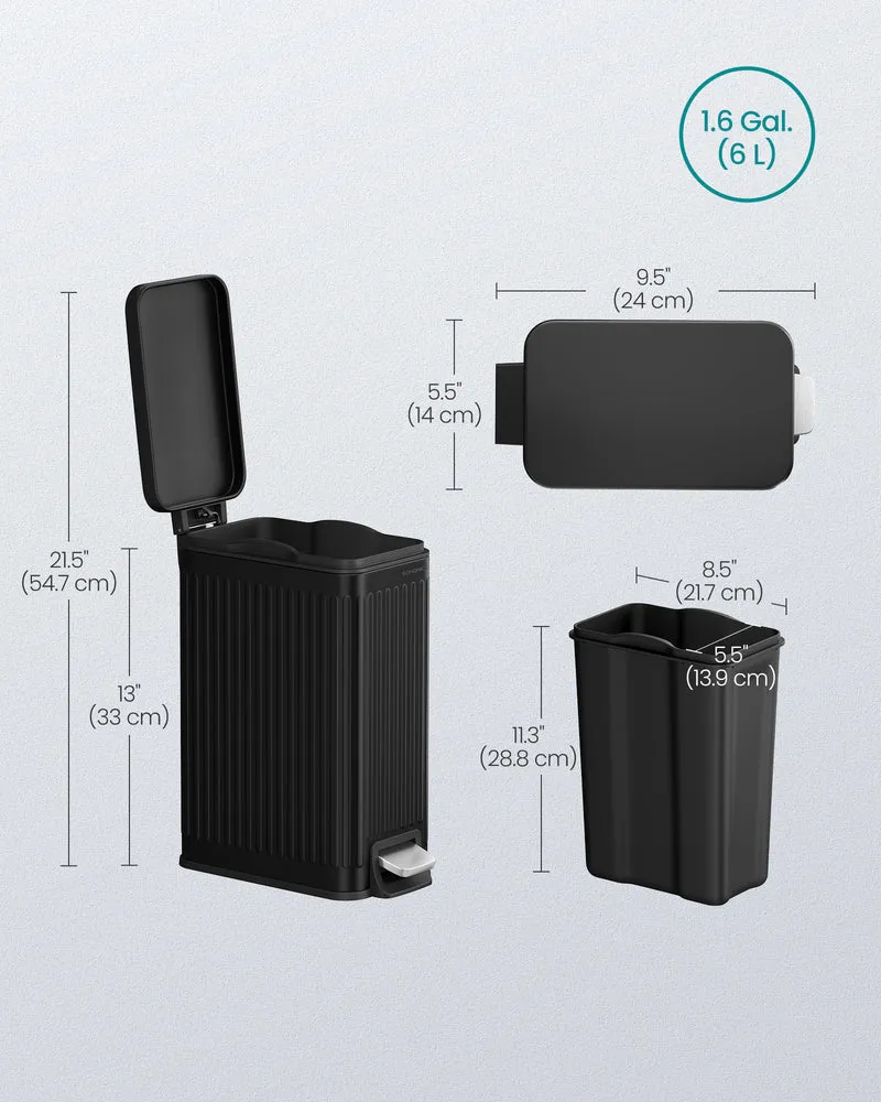 1.6-Gallon Bathroom Trash Can - Slim Stainless Steel Bin with Soft-Close Lid & Foot Pedal, Space-Saving Design, Ink Black