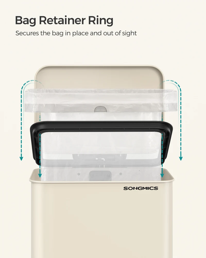SONGMICS Kitchen Trash Can, 10.5 Gallon (40 L) Garbage Can, Large Step Trash Bin with Lid, 15 Trash Bags Included, Sand Beige
