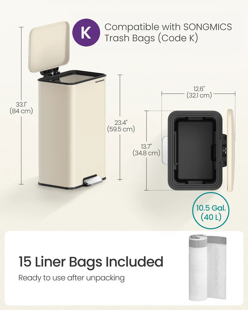 SONGMICS Kitchen Trash Can, 10.5 Gallon (40 L) Garbage Can, Large Step Trash Bin with Lid, 15 Trash Bags Included, Sand Beige