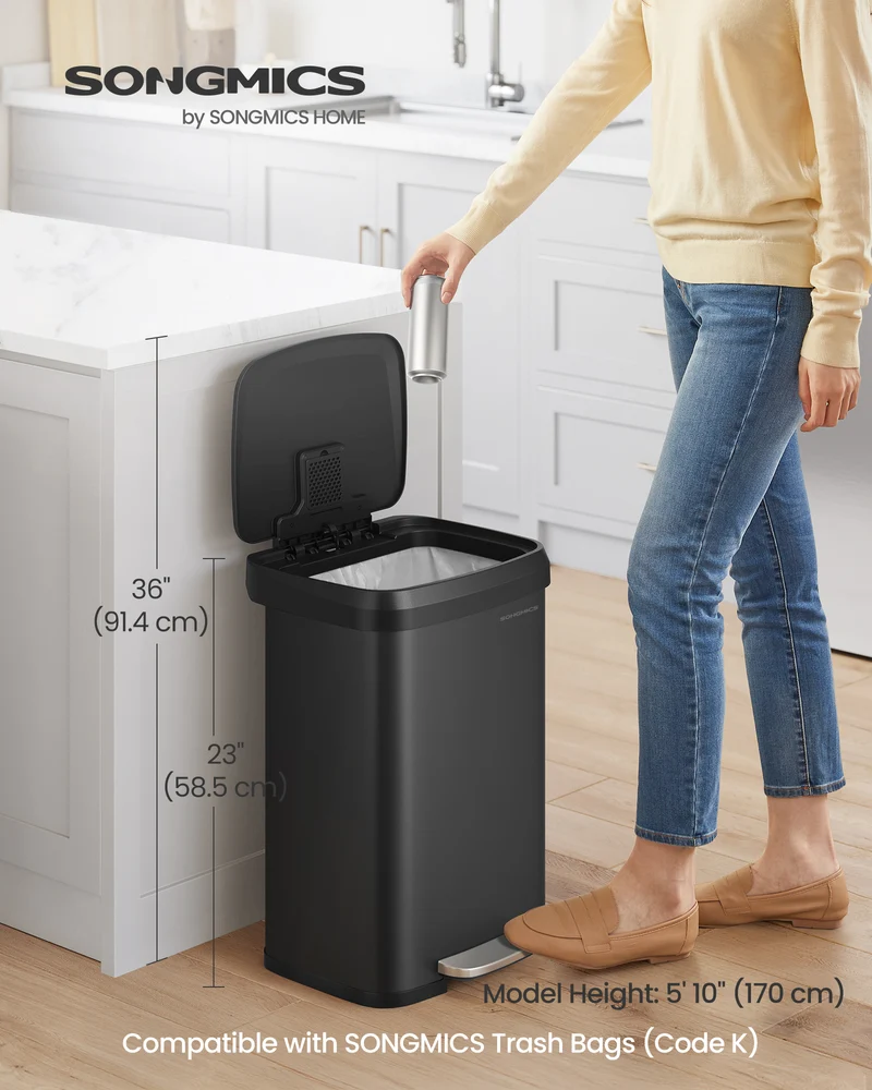 SONGMICS Kitchen Trash Can 13 Gallon Stainless Steel Garbage Can Recycle Bin with Stay-Open Lid and Step-on Pedal Black
