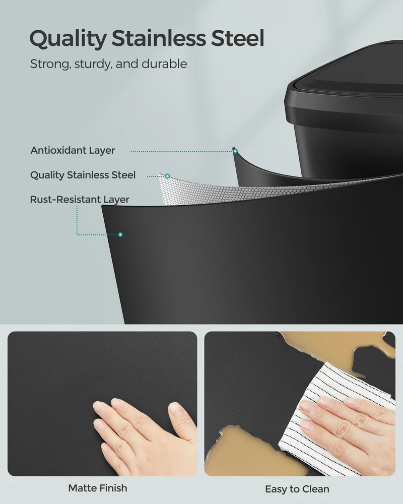 SONGMICS Kitchen Trash Can 13 Gallon Stainless Steel Garbage Can Recycle Bin with Stay-Open Lid and Step-on Pedal Black