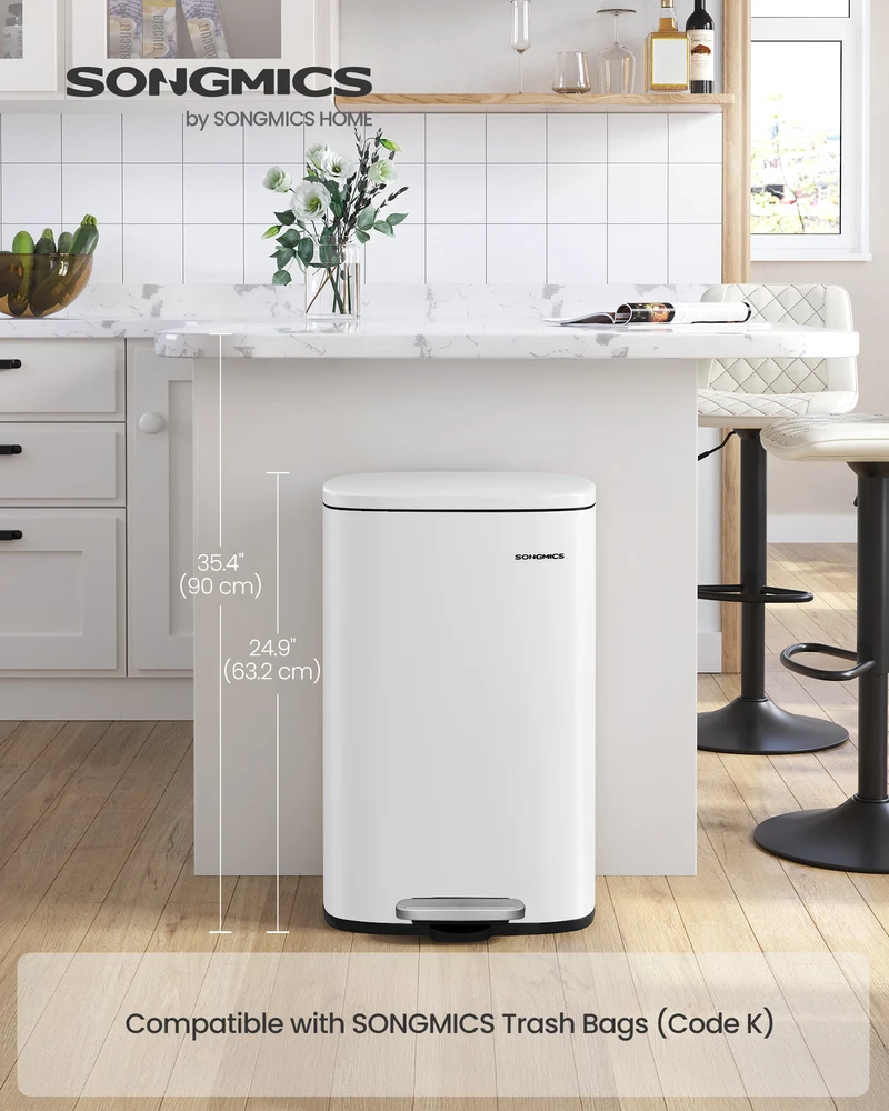 SONGMICS 13.2 Gallon Trash Can, Stainless Steel Kitchen Garbage Can, Recycling or Waste Bin, Soft Close, Step-On Pedal, Removable Inner Bucket, White