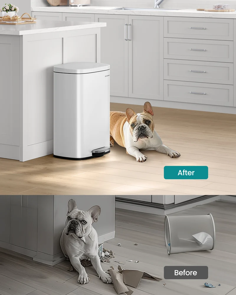 SONGMICS 13.2 Gallon Trash Can, Stainless Steel Kitchen Garbage Can, Recycling or Waste Bin, Soft Close, Step-On Pedal, Removable Inner Bucket, White