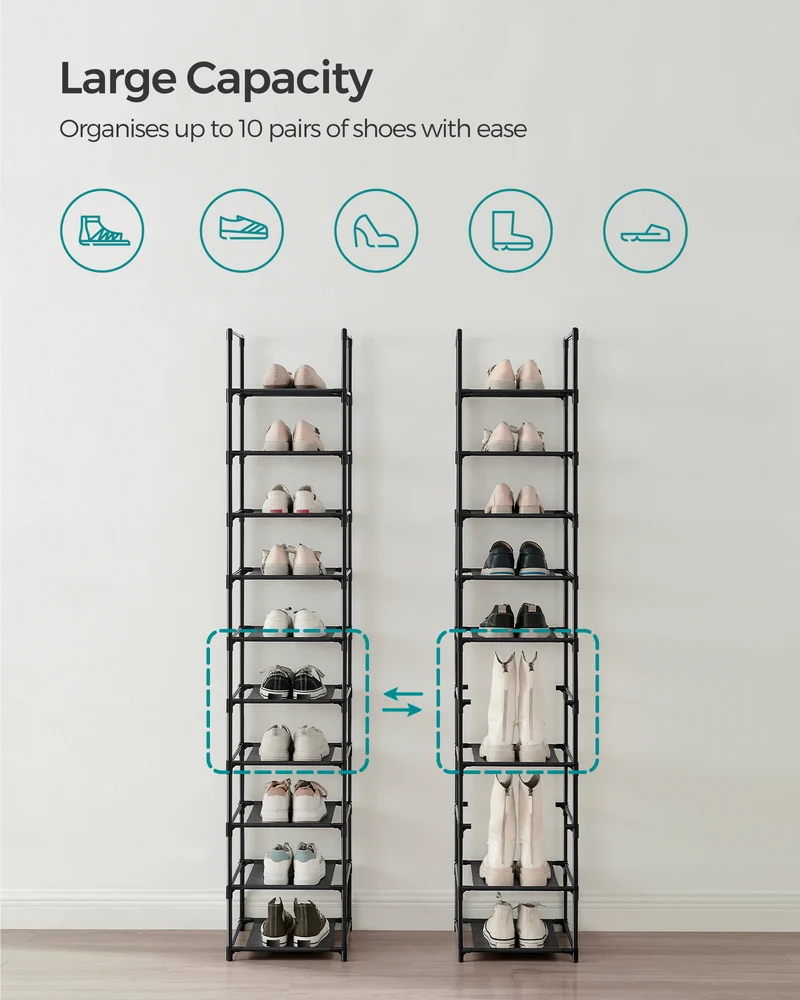 SONGMICS Shoe Rack 10 Tier Shoe Shelf Shoe Storage Organizer 13 x 13 x 68.1 Inches Black