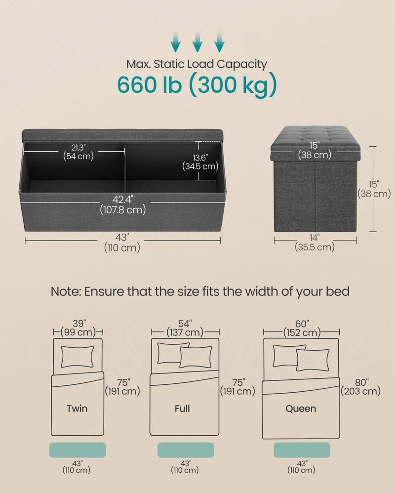 SONGMICS 43 Inches Folding Storage Ottoman Bench Bedroom Bench with Storage Holds up to 660 lb Dark Gray