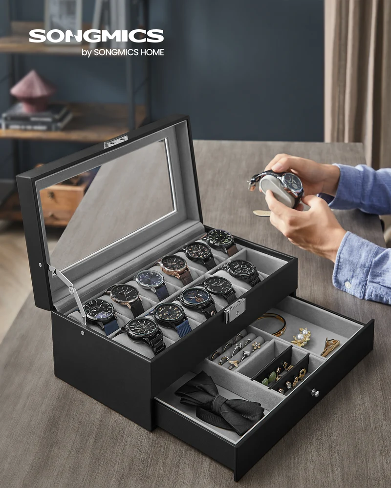 SONGMICS 12-Slot Watch Box, Lockable Watch Case with Glass Lid, 2 Layers, with 1 Drawer for Rings, Bracelets, Gift Idea, Black Synthetic Leather, Gray Lining