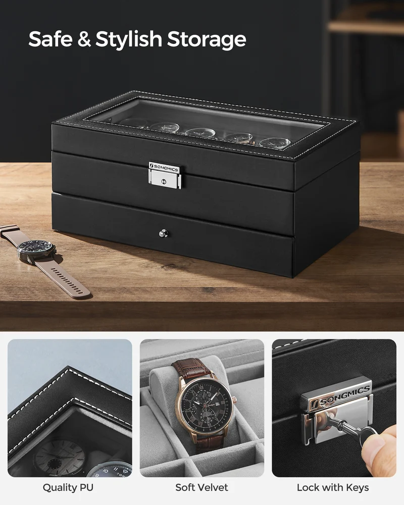 SONGMICS 12-Slot Watch Box, Lockable Watch Case with Glass Lid, 2 Layers, with 1 Drawer for Rings, Bracelets, Gift Idea, Black Synthetic Leather, Gray Lining