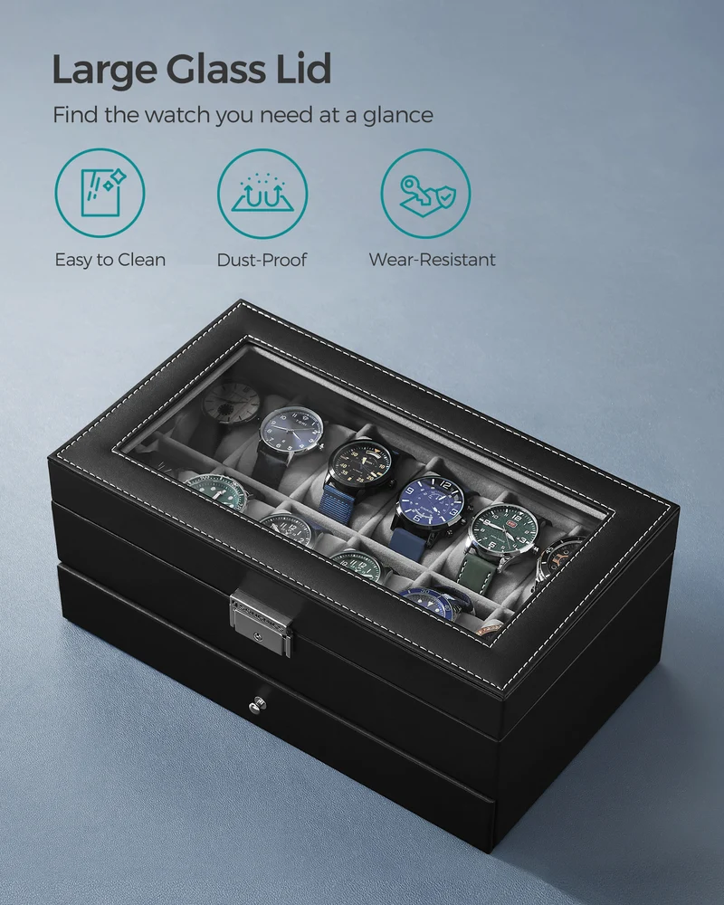 SONGMICS 12-Slot Watch Box, Lockable Watch Case with Glass Lid, 2 Layers, with 1 Drawer for Rings, Bracelets, Gift Idea, Black Synthetic Leather, Gray Lining