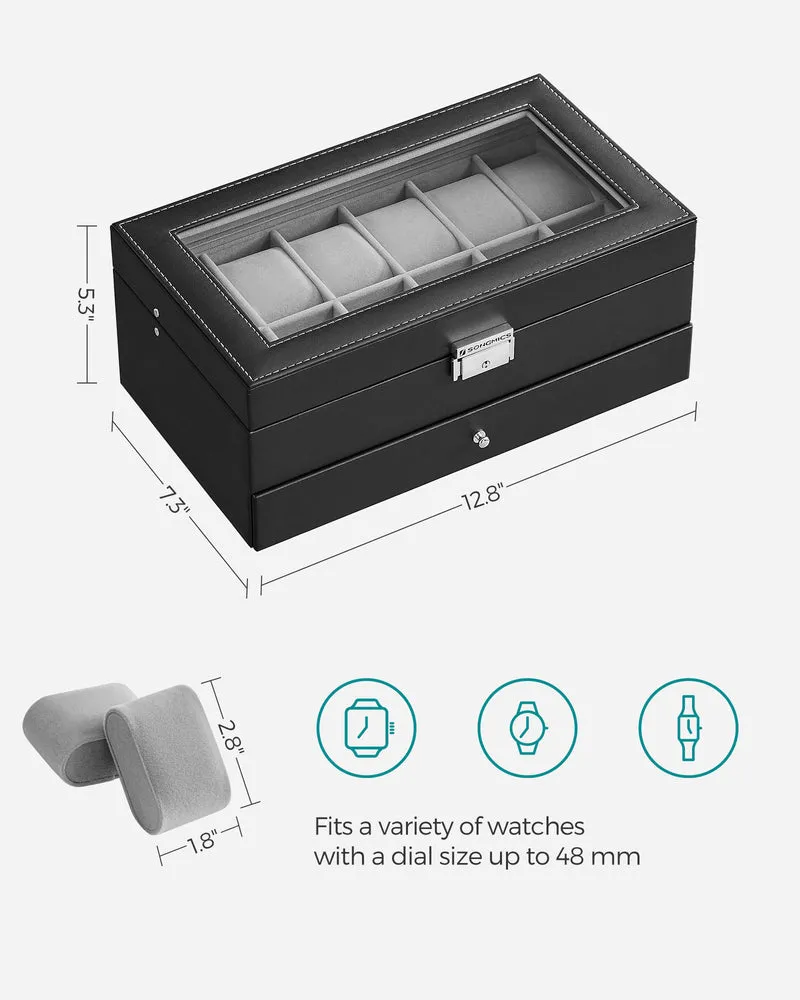 SONGMICS 12-Slot Watch Box, Lockable Watch Case with Glass Lid, 2 Layers, with 1 Drawer for Rings, Bracelets, Gift Idea, Black Synthetic Leather, Gray Lining