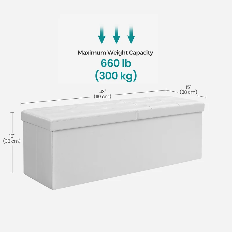 SONGMICS 43" Folding Storage Ottoman Bench Leather Ottoman Storage Footrest Hold up to 660lb White