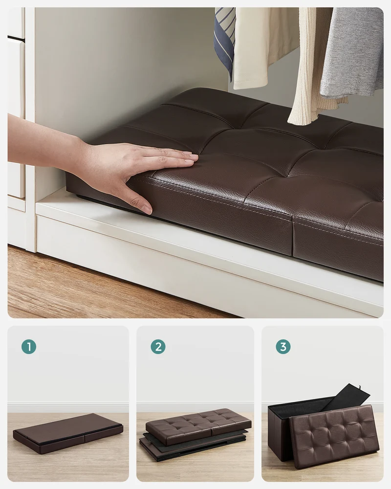 SONGMICS 30 Inches Folding Storage Ottoman Bench with Flipping Lid Brown