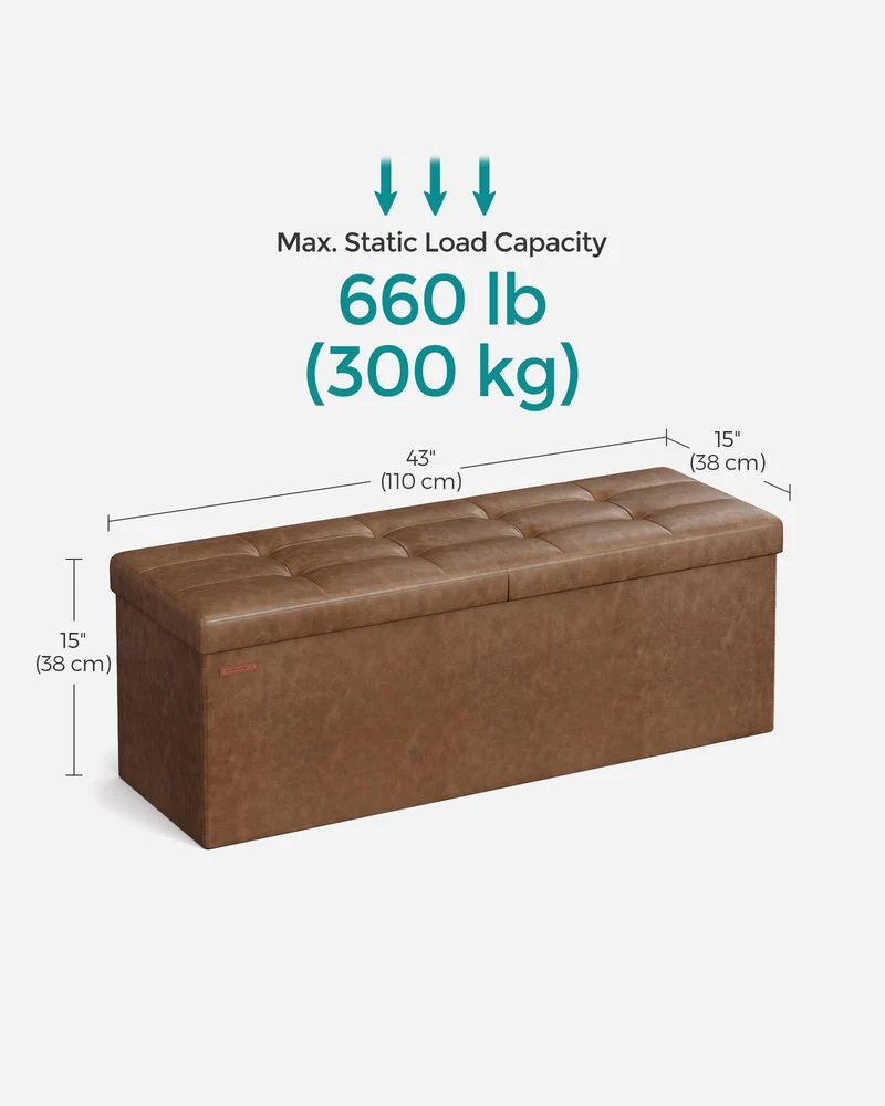 SONGMICS 43" Storage Ottoman Bench Folding Leather Ottoman Storage Footrest Hold up to 660lb Coffee Brown