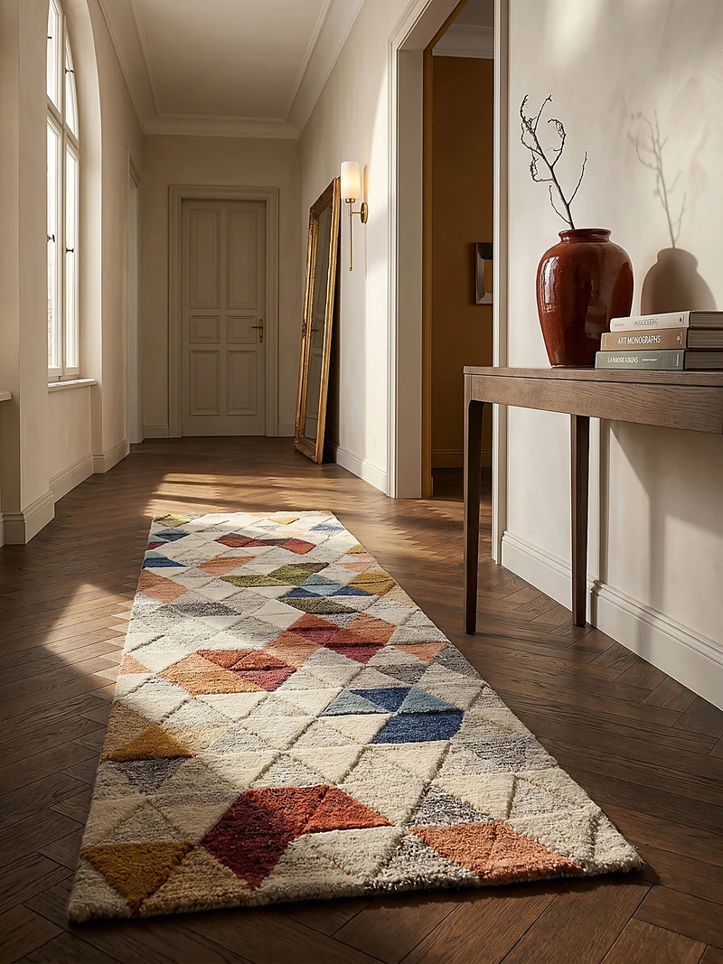 Getufteter Wollteppich Dreiecksmosaik · 100 % Wolle · 10 mm Kurzflor