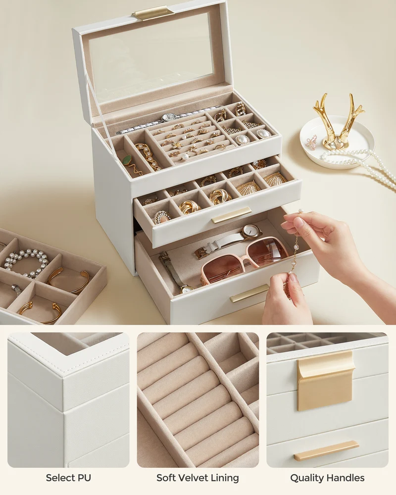 LEDREM 4-Layer Jewelry Organizer, Jewelry Box with Glass Lid 3 Drawers, for Sunglasses, Big Jewelry
