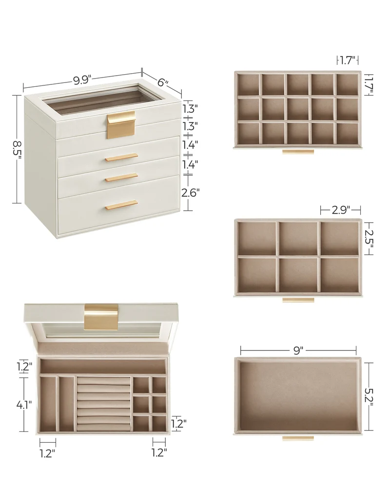 LEDREM 4-Layer Jewelry Organizer, Jewelry Box with Glass Lid 3 Drawers, for Sunglasses, Big Jewelry