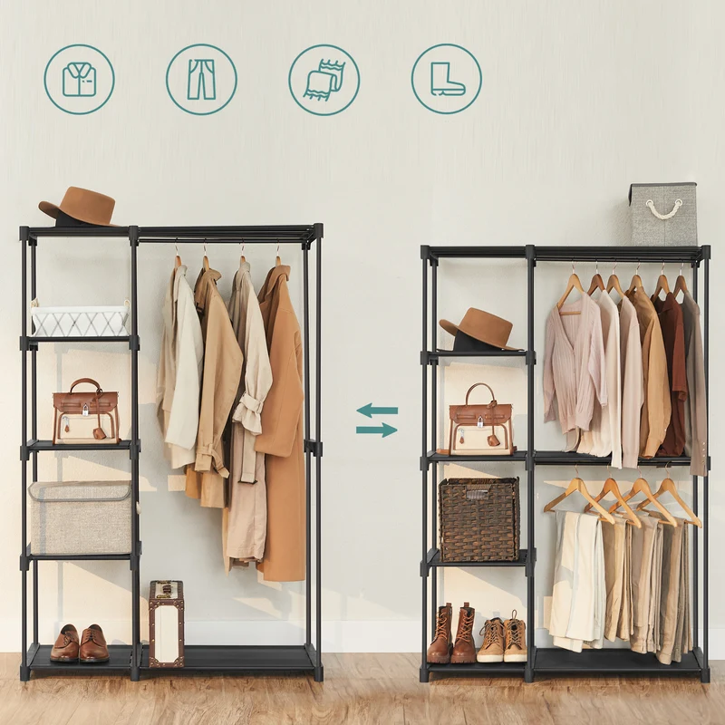 Portable Closet Organizer Freestanding, 44.1 x 16.9 x 65 In Clothes Rack System with Shelves and Hanging Rods for Bedroom and Cloakroom