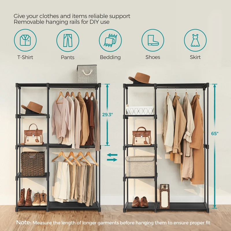 Portable Closet Organizer Freestanding, 44.1 x 16.9 x 65 In Clothes Rack System with Shelves and Hanging Rods for Bedroom and Cloakroom