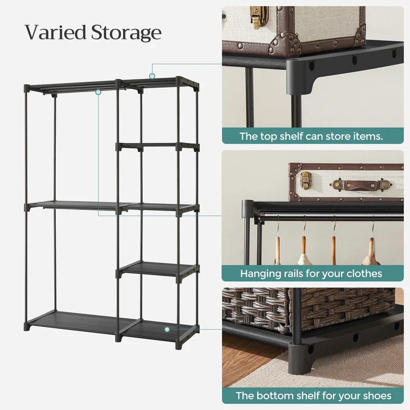 Portable Closet Organizer Freestanding, 44.1 x 16.9 x 65 In Clothes Rack System with Shelves and Hanging Rods for Bedroom and Cloakroom
