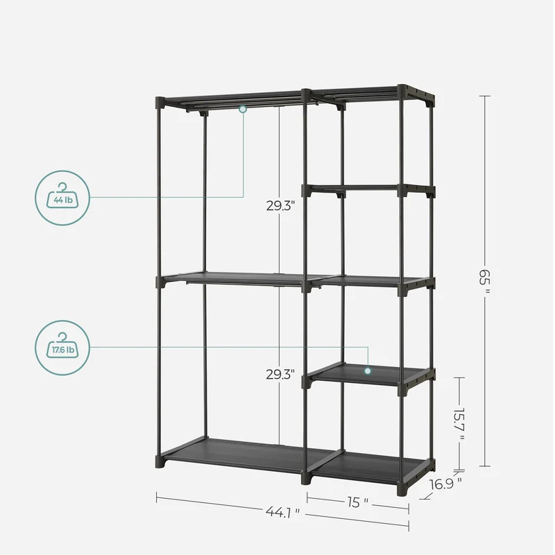 Portable Closet Organizer Freestanding, 44.1 x 16.9 x 65 In Clothes Rack System with Shelves and Hanging Rods for Bedroom and Cloakroom