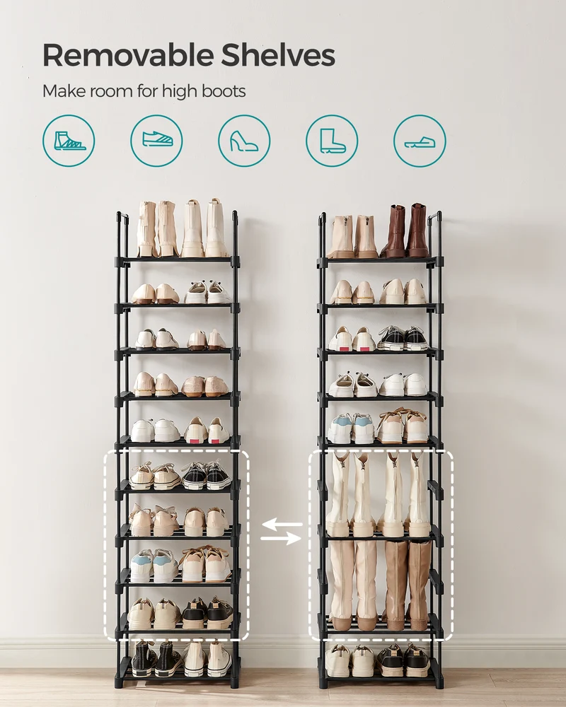 SONGMICS Shoe Rack, 10 Tier Shoe Organizer, Metal Shoe Storage Shelf for 20 Pairs of Shoes, Easy to Assemble, Entryway, Black