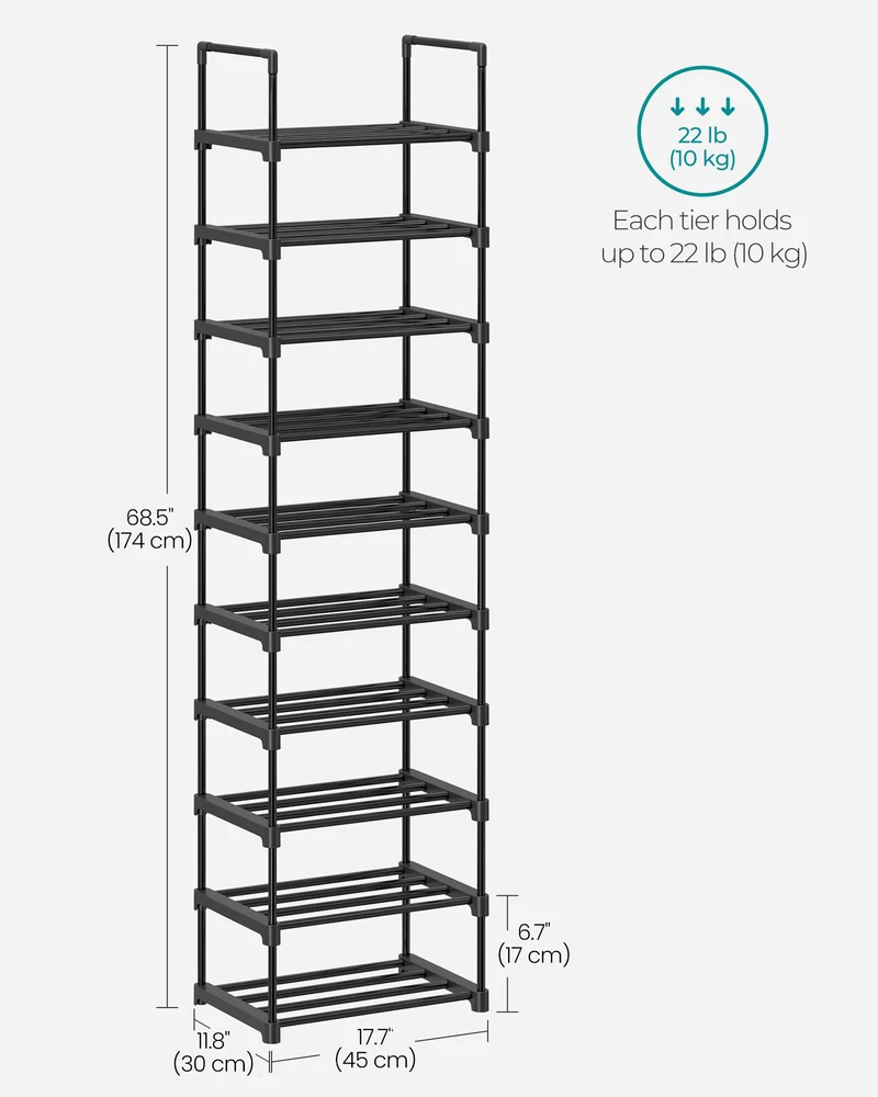 SONGMICS Shoe Rack, 10 Tier Shoe Organizer, Metal Shoe Storage Shelf for 20 Pairs of Shoes, Easy to Assemble, Entryway, Black