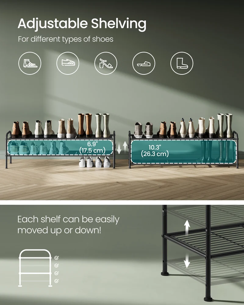 Shoe Rack, 2-Tier Shoe Organizer, Metal Shoe Shelf Storage with 4 Side Hooks, Holds 12 Pairs of Shoes