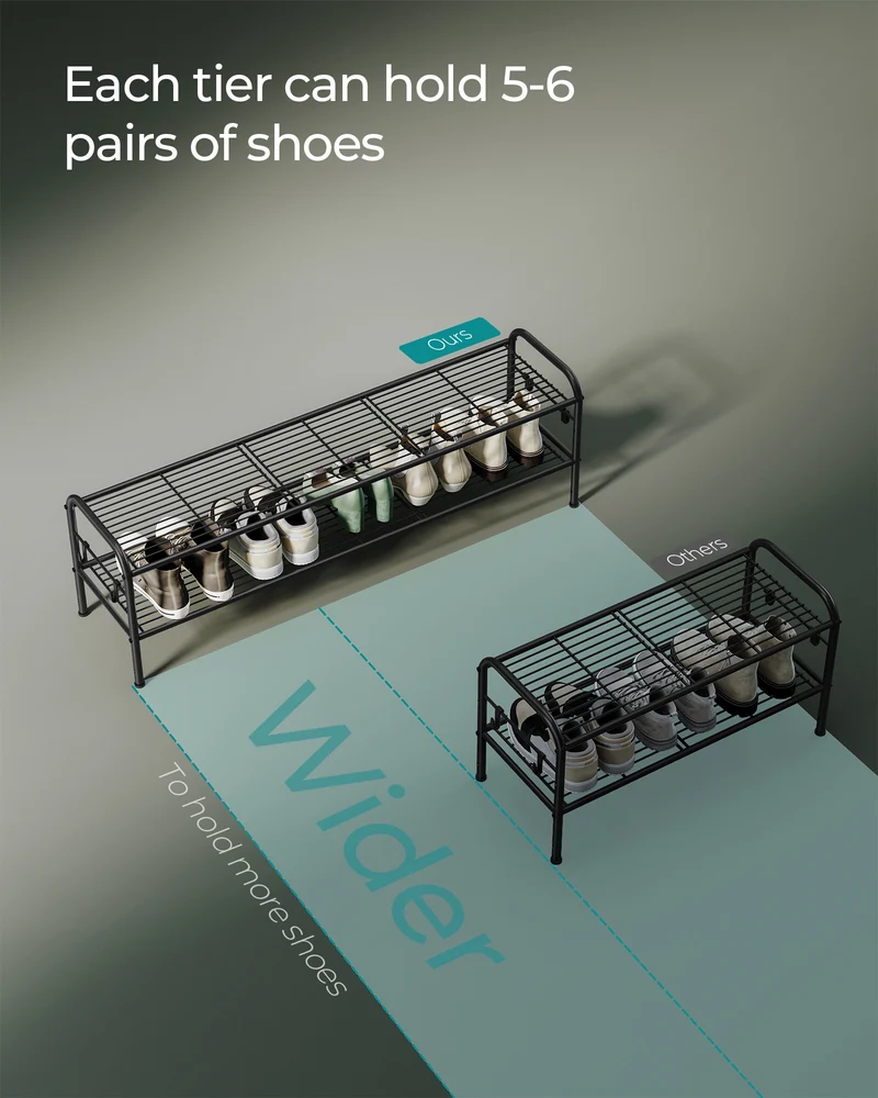 Shoe Rack, 2-Tier Shoe Organizer, Metal Shoe Shelf Storage with 4 Side Hooks, Holds 12 Pairs of Shoes