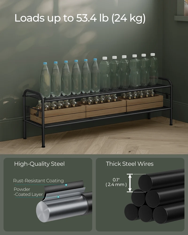 Shoe Rack, 2-Tier Shoe Organizer, Metal Shoe Shelf Storage with 4 Side Hooks, Holds 12 Pairs of Shoes