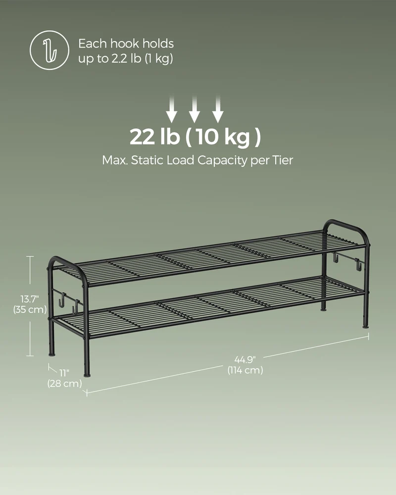 Shoe Rack, 2-Tier Shoe Organizer, Metal Shoe Shelf Storage with 4 Side Hooks, Holds 12 Pairs of Shoes