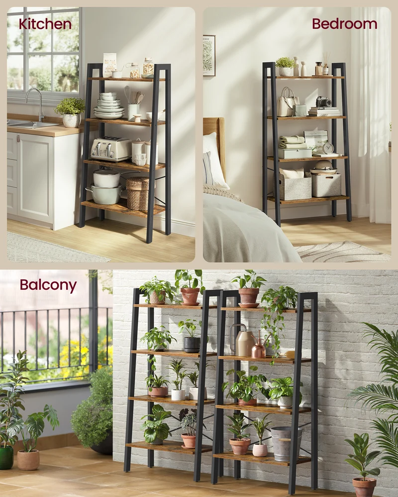 VASAGLE 4-Tier Bookshelf Bookcase Ladder Shelf Storage Rack Rustic Brown and Black