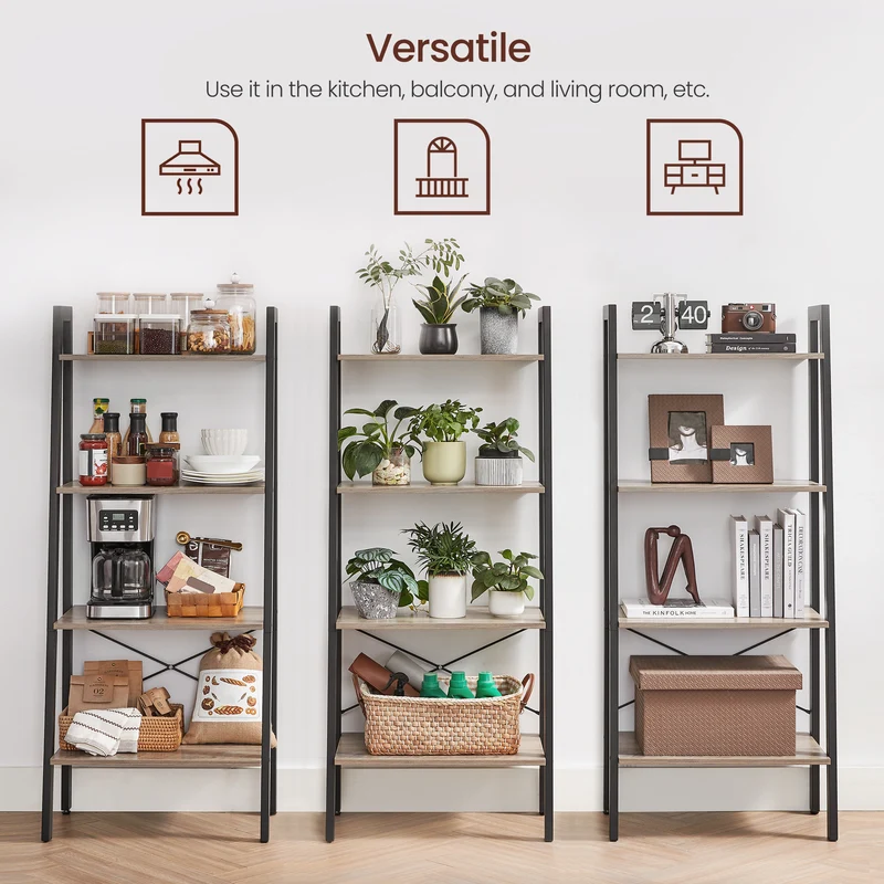 VASAGLE Ladder Shelf 4-Tier Bookshelf Storage Rack, Bookcase with Steel Frame for Living Room Home Office Kitchen Greige and Black