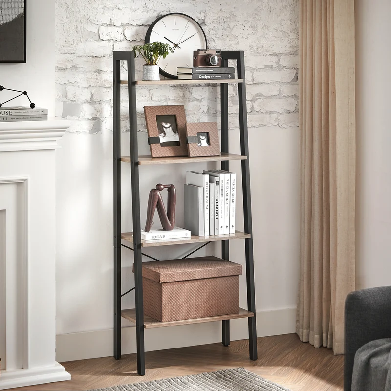 VASAGLE Ladder Shelf 4-Tier Bookshelf Storage Rack, Bookcase with Steel Frame for Living Room Home Office Kitchen Greige and Black