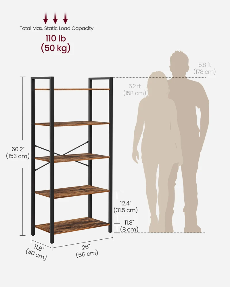 VASAGLE 5-Tier Storage Rack Bookshelf Bookcase 11.8 x 26.0 x 60.6 Inches Rustic Brown and Black