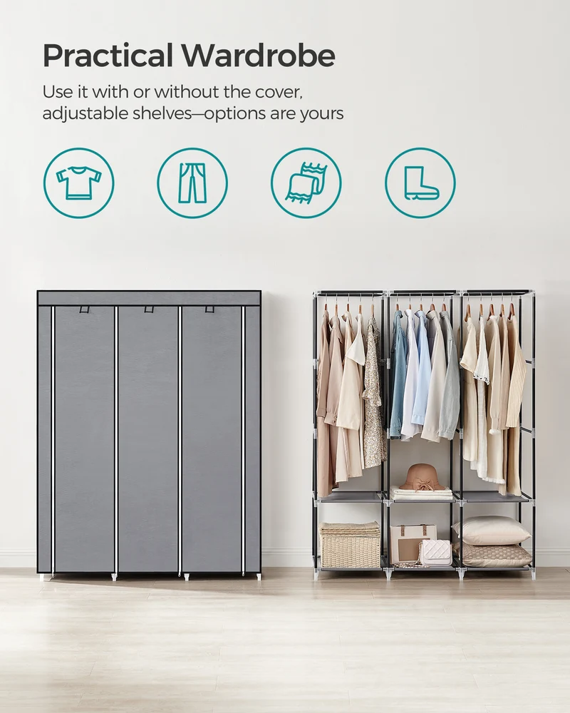 SONGMICS Portable Closet Clothes Wardrobe Organizer with Corver Clothing Rack with 3 Hanging Rods and Shelves Room Gray