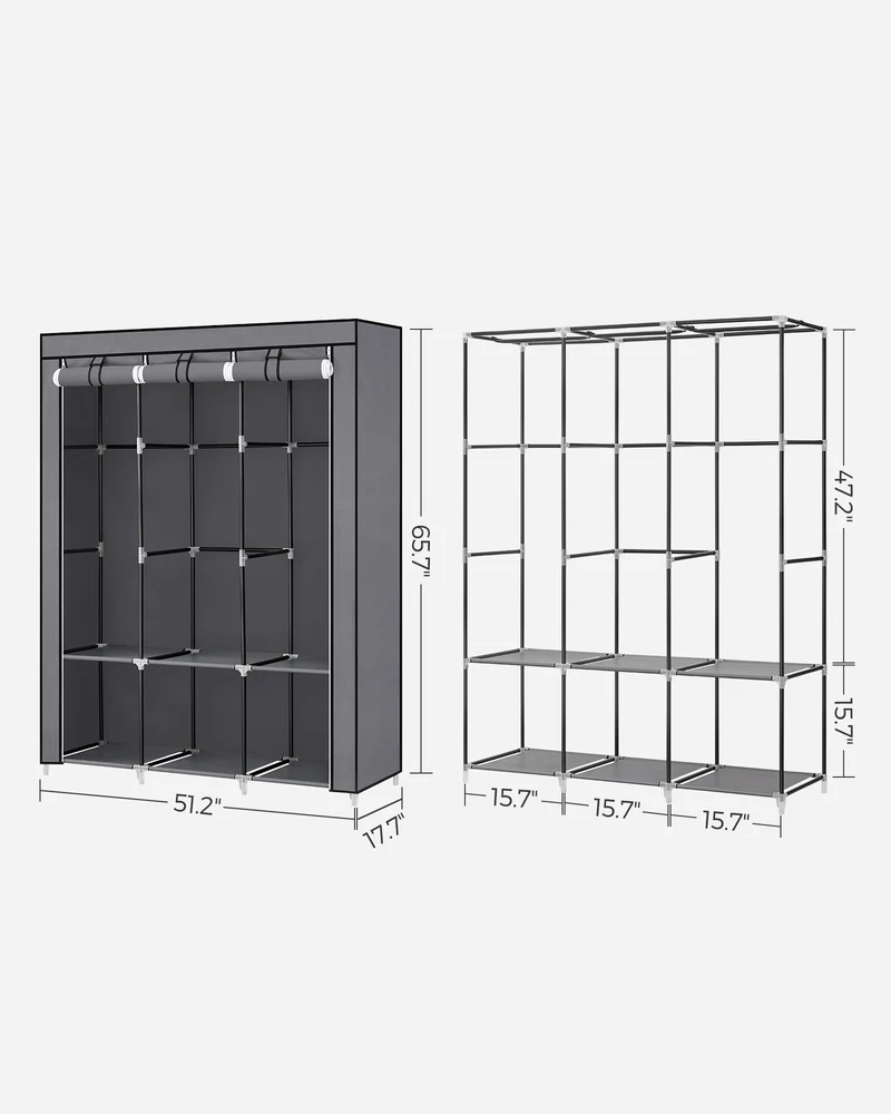 SONGMICS Portable Closet Clothes Wardrobe Organizer with Corver Clothing Rack with 3 Hanging Rods and Shelves Room Gray