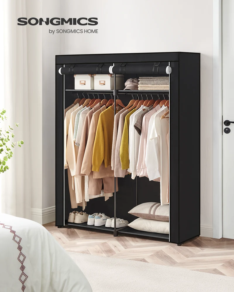 SONGMICS Closet Wardrobe, Portable Closet for Bedroom, Clothes Rail with Non-Woven Fabric Cover, Clothes Storage Organizer Black